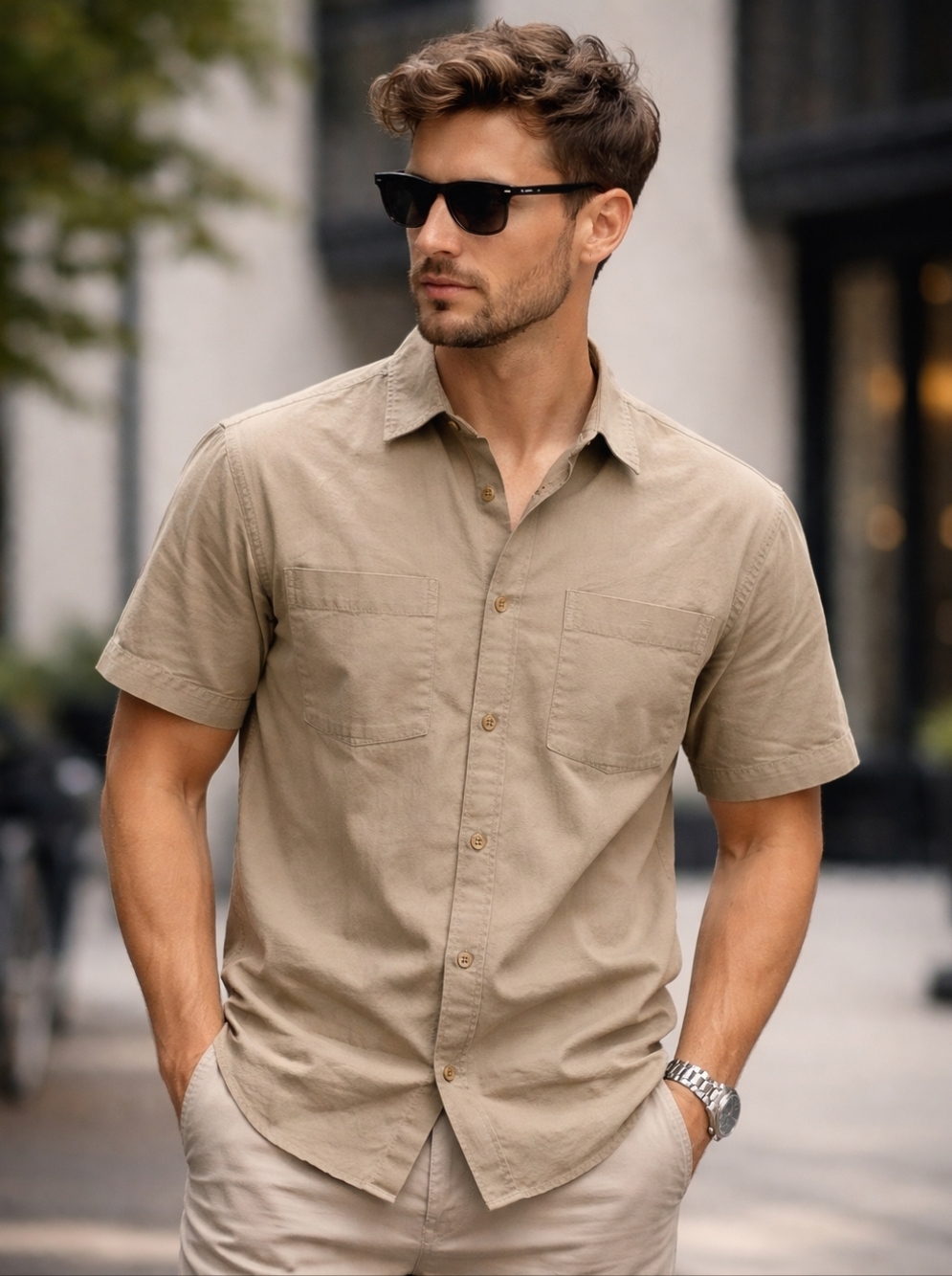 OAK + FORT/ Short-Sleeve Button-Down Top/ Light Khaki/ Cotton & Linen/ Size US M